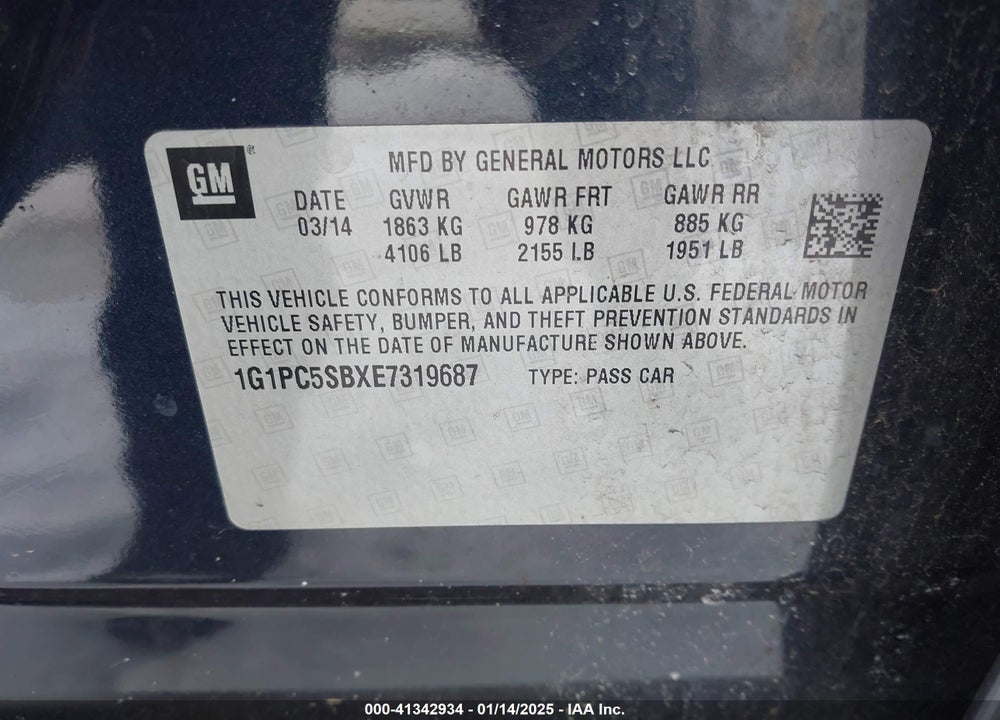 2014 CHEVROLET CRUZE VIN: 1G1PC5SBXE7319687