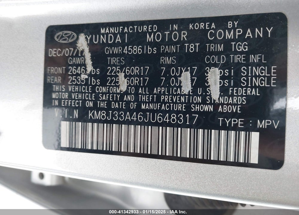 2018 HYUNDAI TUCSON SEL VIN: KM8J33A46JU648317
