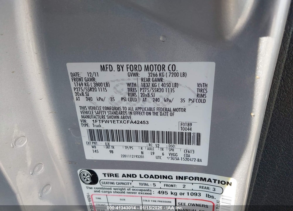 2012 FORD F-150 PLATINUM VIN: 1FTFW1ETXCFA42453