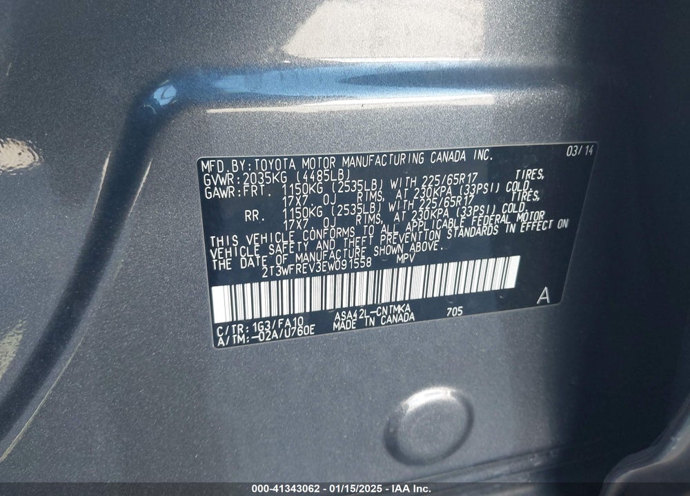 2014 TOYOTA RAV4 XLE VIN: 2T3WFREV3EW091558