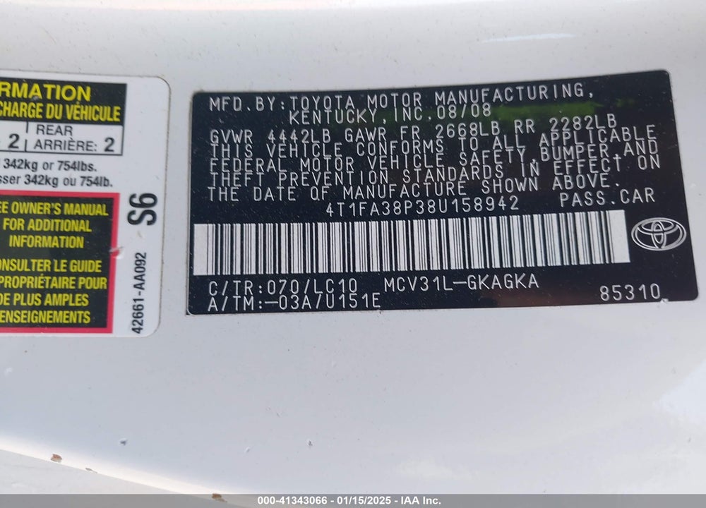 2008 TOYOTA CAMRY SOLARA VIN: 4T1FA38P38U158942