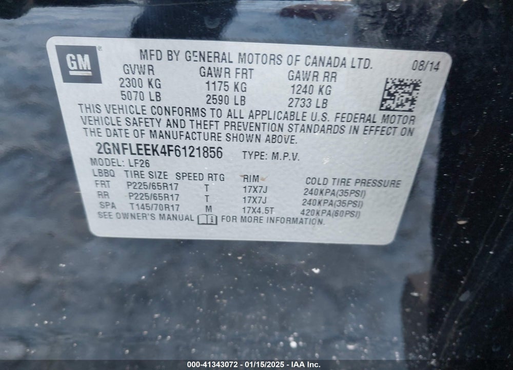 2015 CHEVROLET EQUINOX LS VIN: 2GNFLEEK4F6121856
