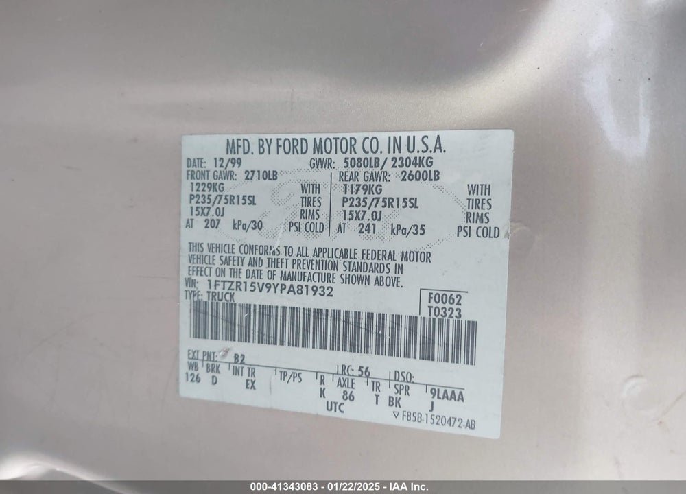 2000 FORD RANGER XL/XLT VIN: 1FTZR15V9YPA81932
