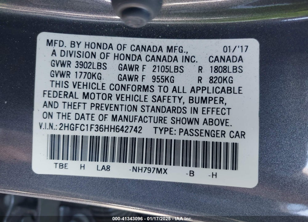2017 HONDA CIVIC EX-T VIN: 2HGFC1F36HH642742