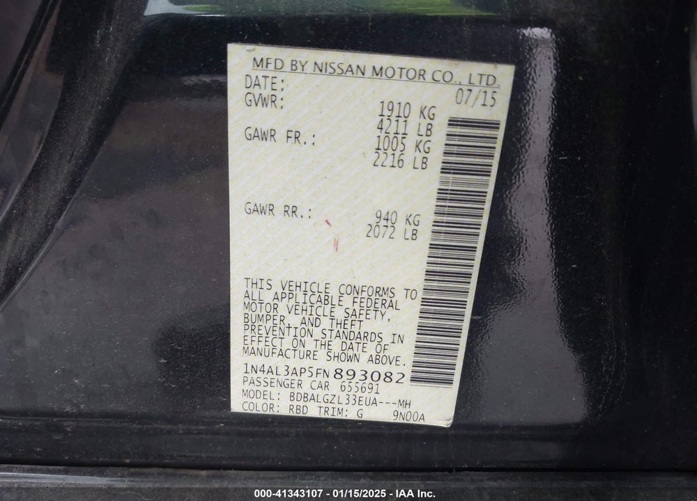 2015 NISSAN ALTIMA 2.5 S VIN: 1N4AL3AP5FN893082