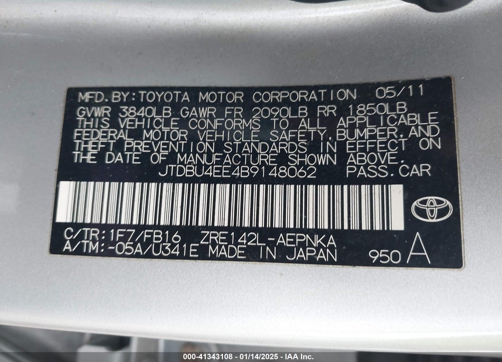 2011 TOYOTA COROLLA VIN: JTDBU4EE4B9148062