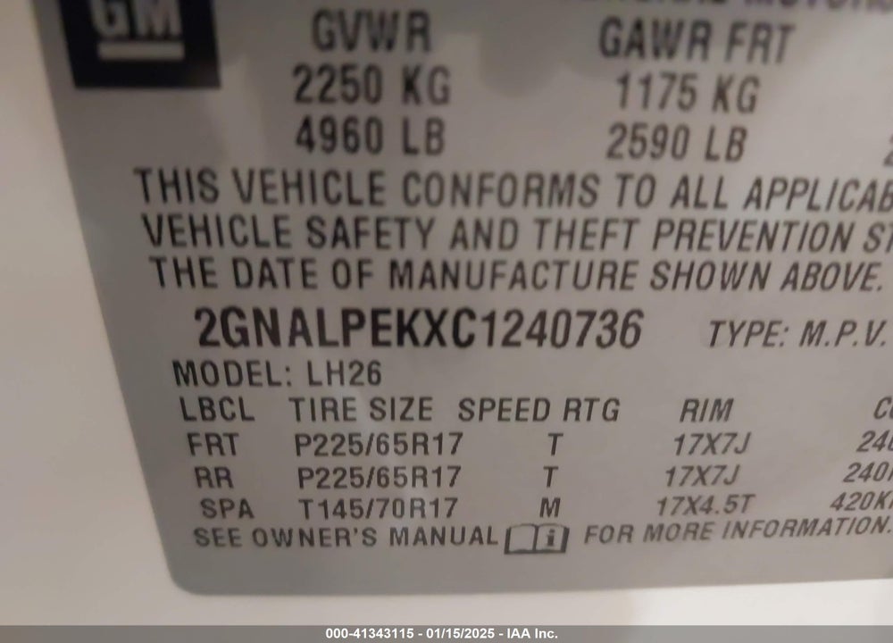 2012 CHEVROLET EQUINOX 2LT VIN: 2GNALPEKXC1240736