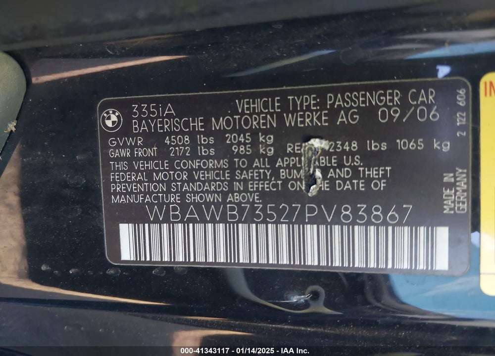 2007 BMW 335I VIN: WBAWB73527PV83867