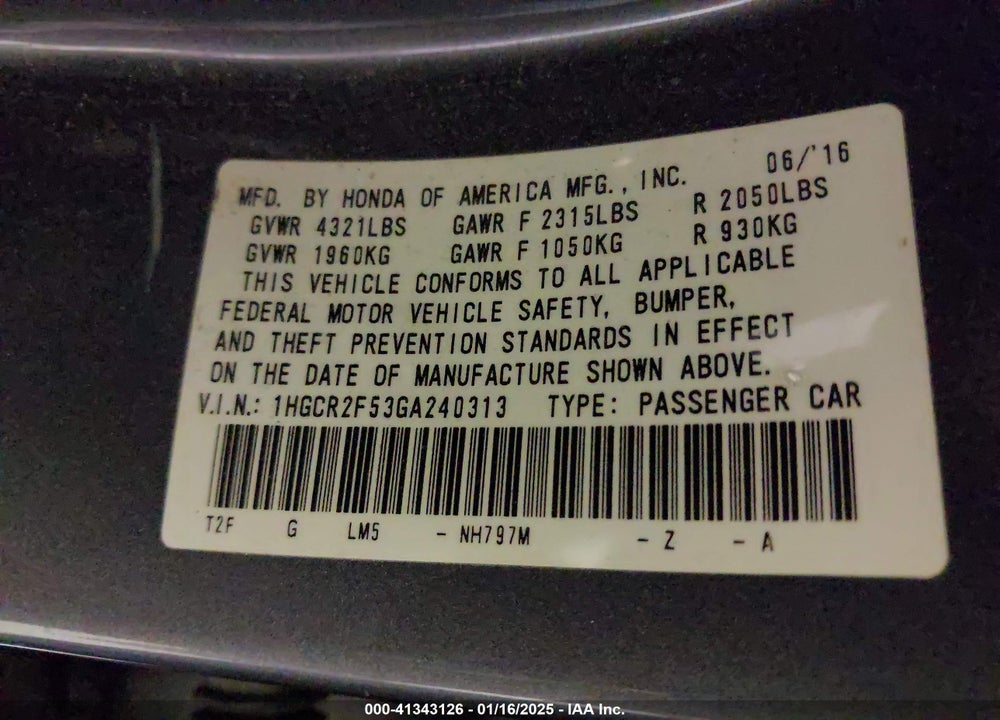 2016 HONDA ACCORD VIN: 1HGCR2F53GA240313