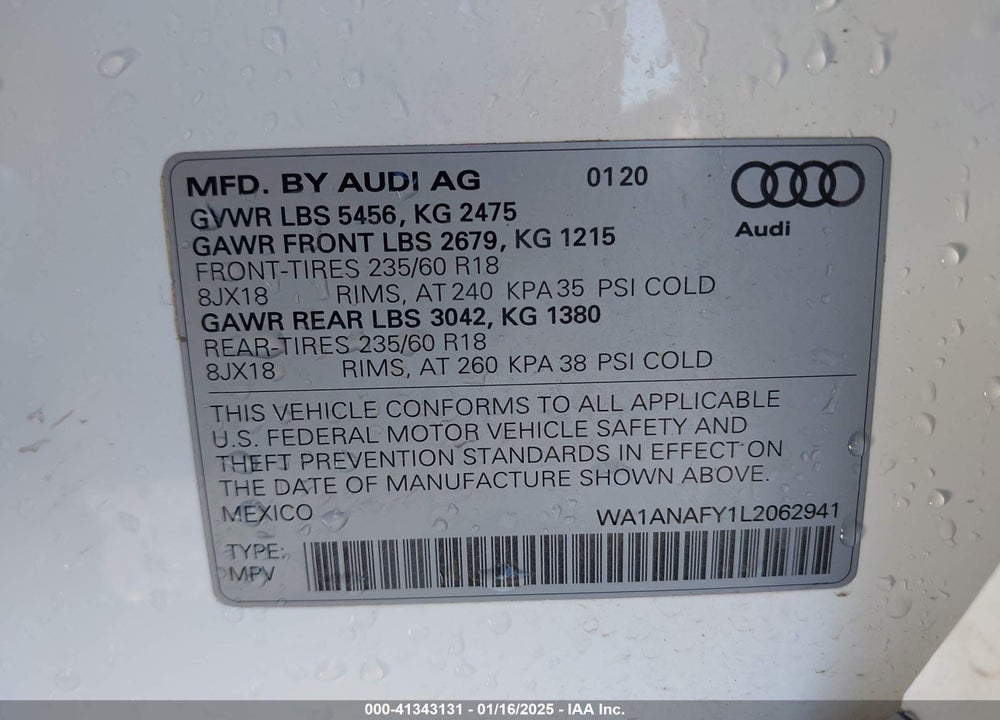 2020 AUDI Q5 PREMIUM 45 TFSI QUATTRO S TRONIC/TITANIUM PREMIUM 45 TFSI QUATTRO S TRONIC VIN: WA1ANAFY1L2062941