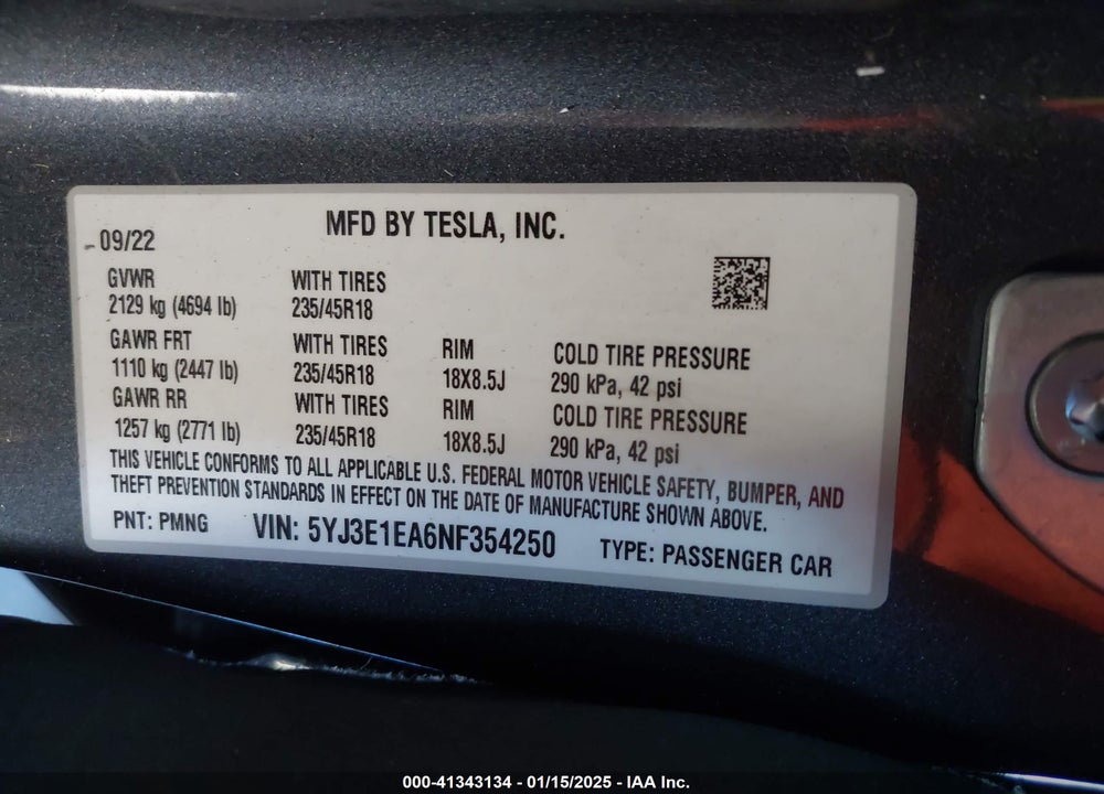 2022 TESLA MODEL 3 REAR-WHEEL DRIVE VIN: 5YJ3E1EA6NF354250