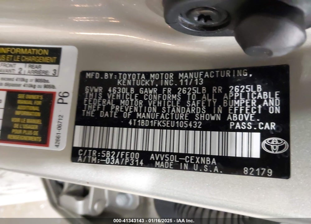 2014 TOYOTA CAMRY HYBRID VIN: 4T1BD1FK5EU105432