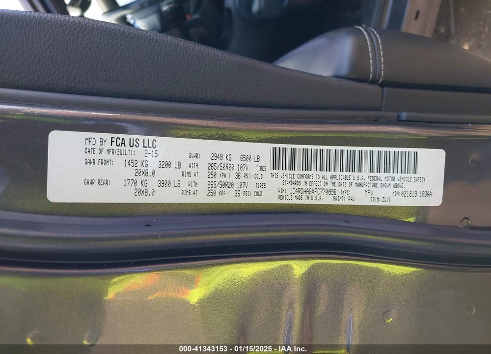 2015 DODGE DURANGO SXT VIN: 1C4RDHAGXFC770896