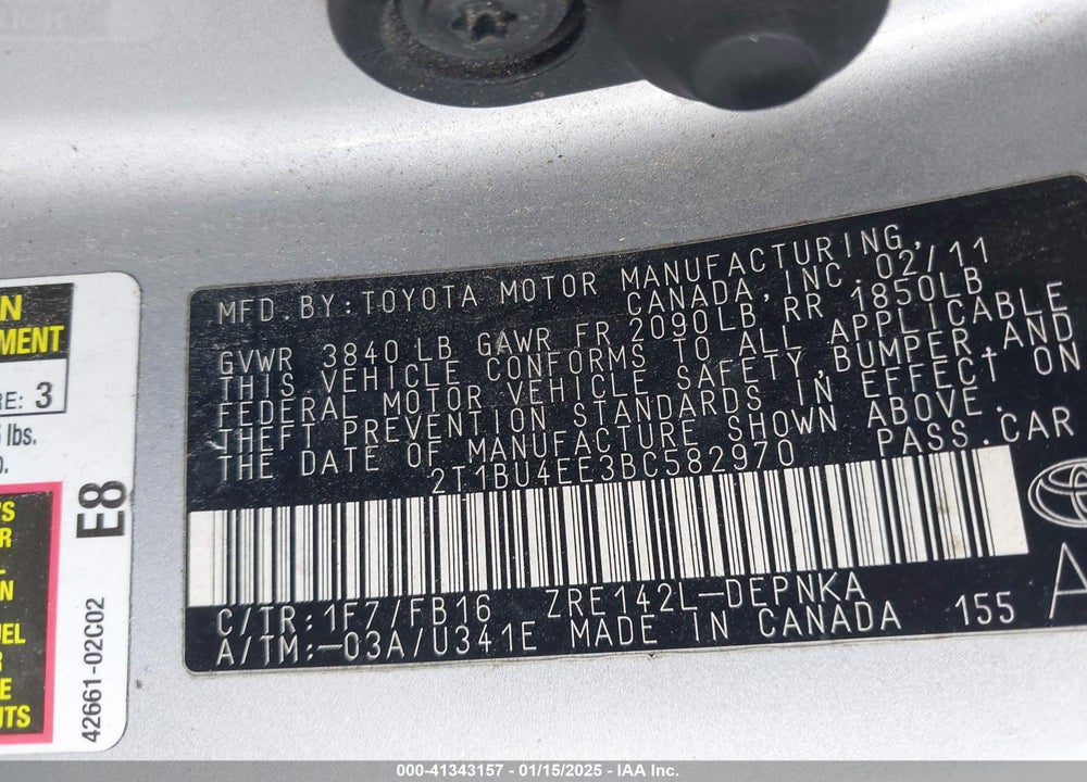 2011 TOYOTA COROLLA VIN: 2T1BU4EE3BC582970