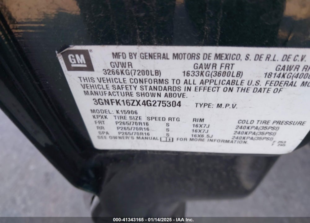 2004 CHEVROLET SUBURBAN 1500 LS VIN: 3GNFK16ZX4G275304