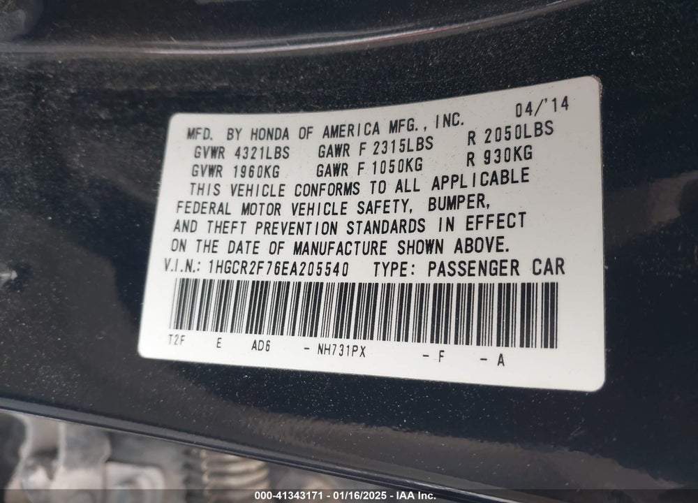 2014 HONDA ACCORD VIN: 1HGCR2F76EA205540