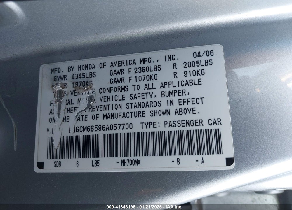 2006 HONDA ACCORD 3.0 EX VIN: 1HGCM66596A057700