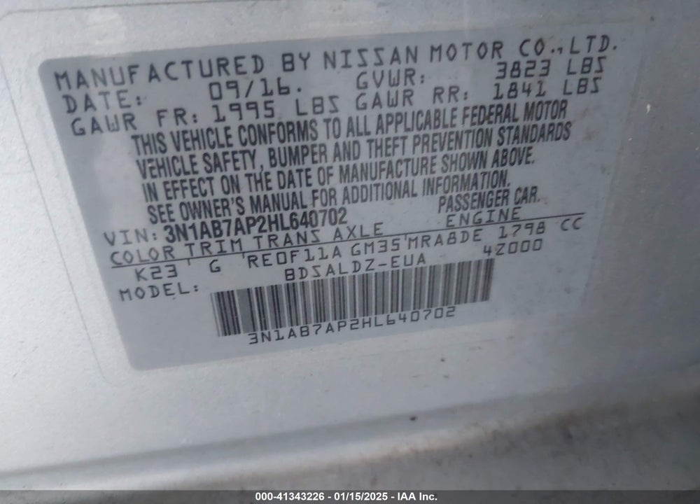 2017 NISSAN SENTRA VIN: 3N1AB7AP2HL640702