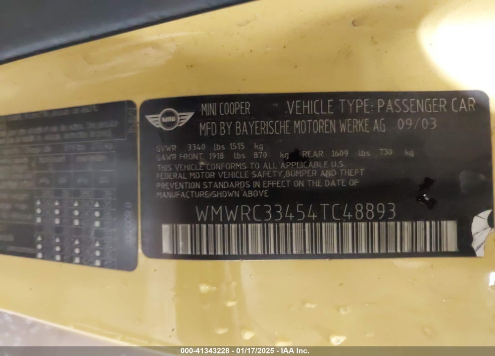 2004 MINI COOPER VIN: WMWRC33454TC48893