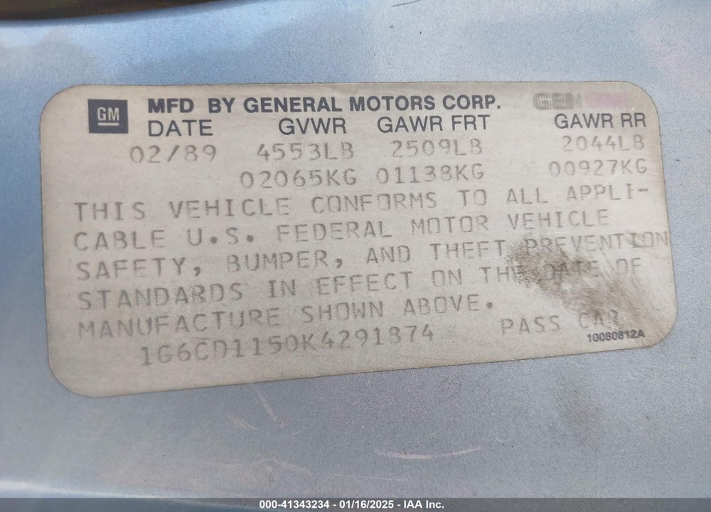 1989 CADILLAC DEVILLE VIN: 1G6CD1150K4291874