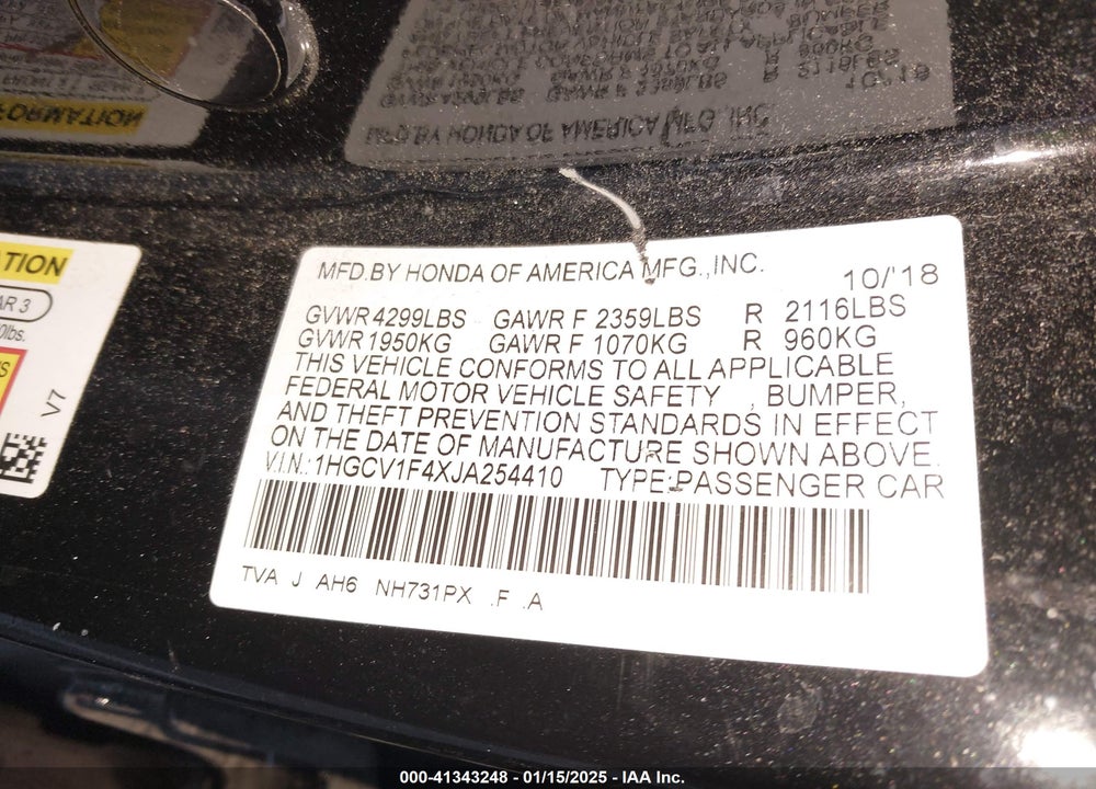 2018 HONDA ACCORD VIN: 1HGCV1F4XJA254410