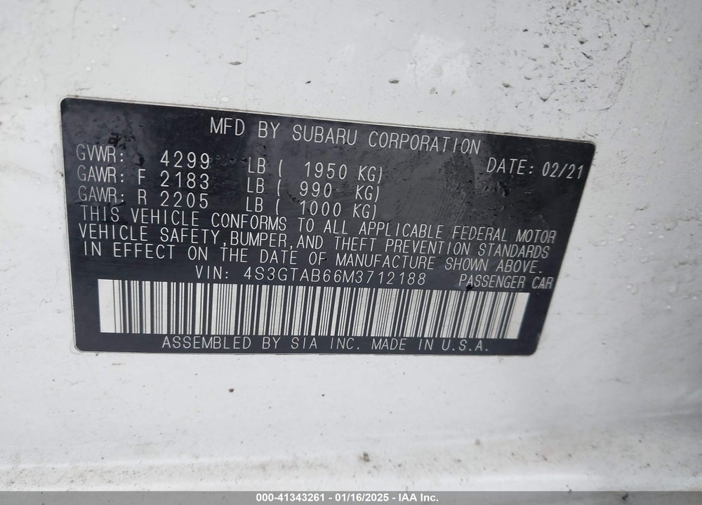 2021 SUBARU IMPREZA VIN: 4S3GTAB66M3712188