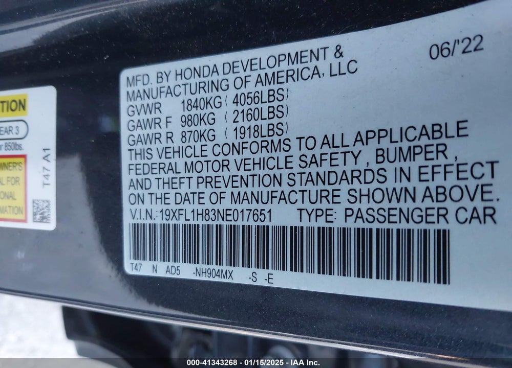 2022 HONDA CIVIC SPORT TOURING VIN: 19XFL1H83NE017651