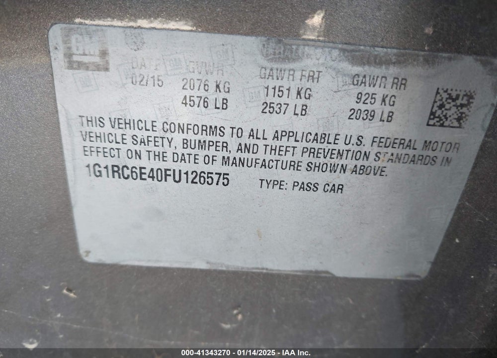 2015 CHEVROLET VOLT VIN: 1G1RC6E40FU126575