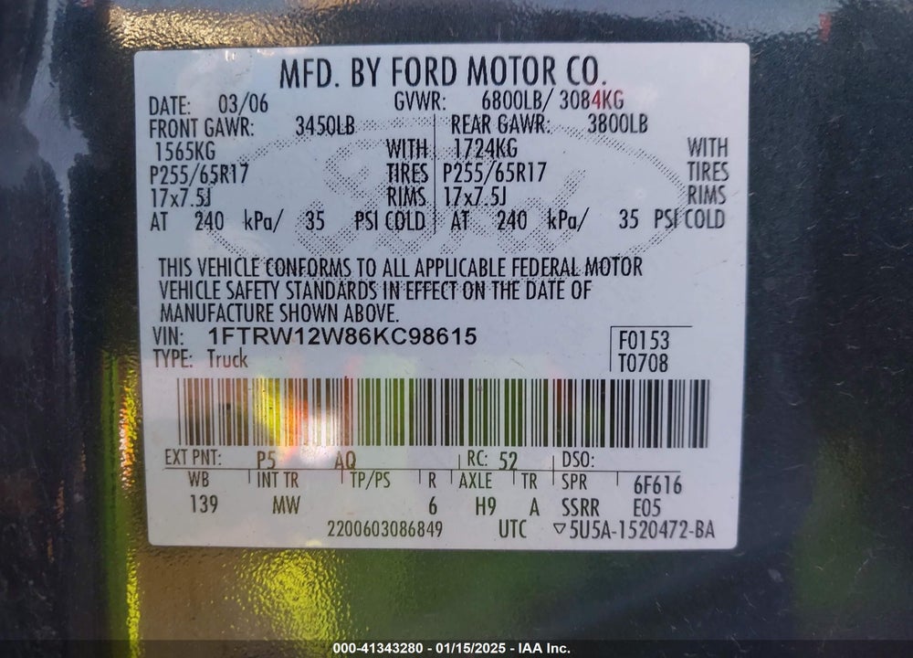2006 FORD F150 VIN: 1FTRW12W86KC98615