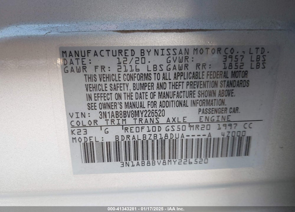 2021 NISSAN SENTRA S XTRONIC CVT VIN: 3N1AB8BV8MY226520