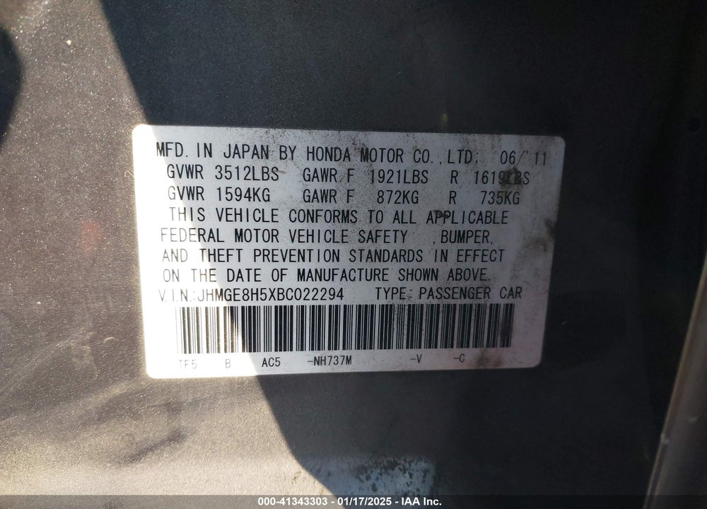 2011 HONDA FIT SPORT VIN: JHMGE8H5XBC022294