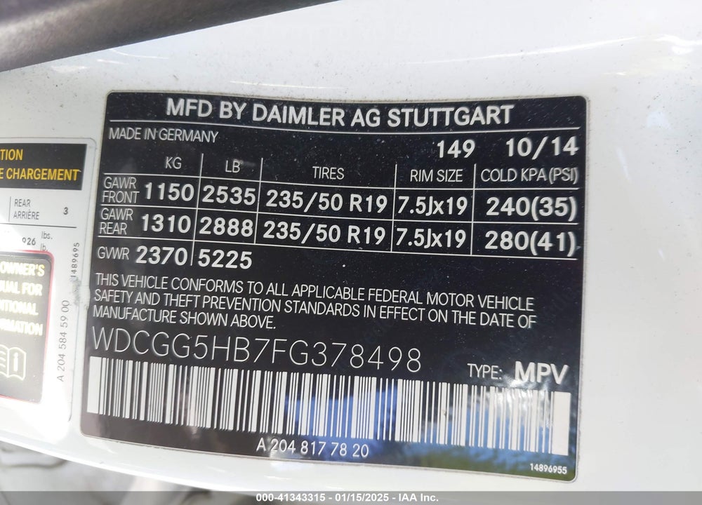 2015 MERCEDES-BENZ GLK 350 VIN: WDCGG5HB7FG378498