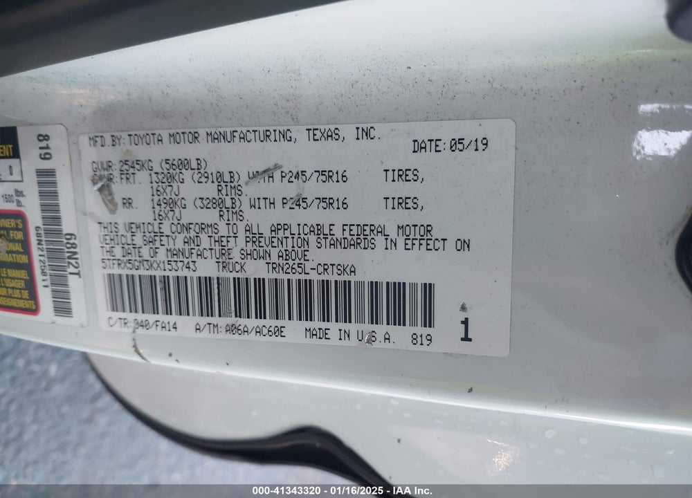 2019 TOYOTA TACOMA SR VIN: 5TFRX5GN3KX153743
