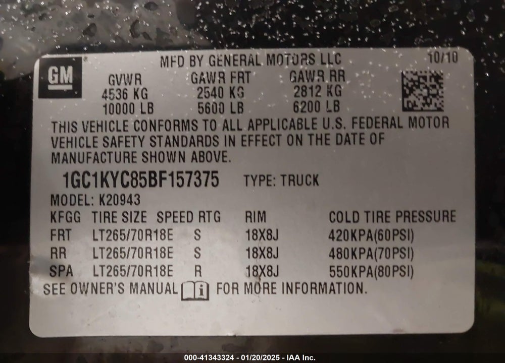 2011 CHEVROLET SILVERADO 2500HD LTZ VIN: 1GC1KYC85BF157375