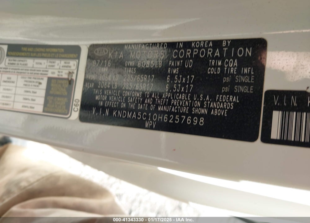 2017 KIA SEDONA L VIN: KNDMA5C10H6257698