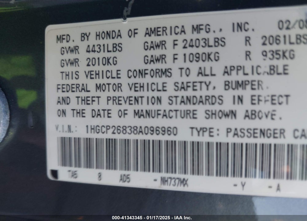 2008 HONDA ACCORD 2.4 EX-L VIN: 1HGCP26838A096960