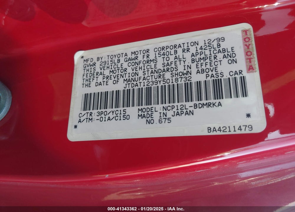 2000 TOYOTA ECHO VIN: JTDAT1239Y5018732