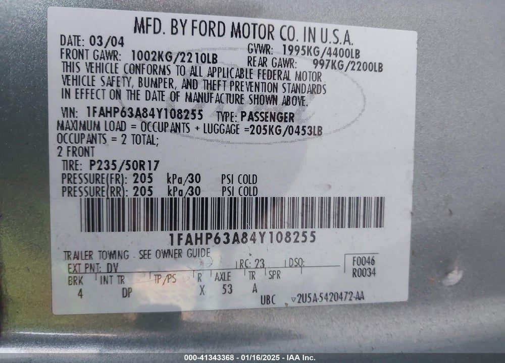2004 FORD THUNDERBIRD VIN: 1FAHP63A84Y108255