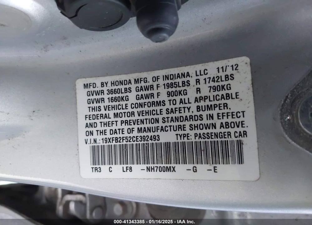 2012 HONDA CIVIC SDN LX VIN: 19XFB2F52CE392493
