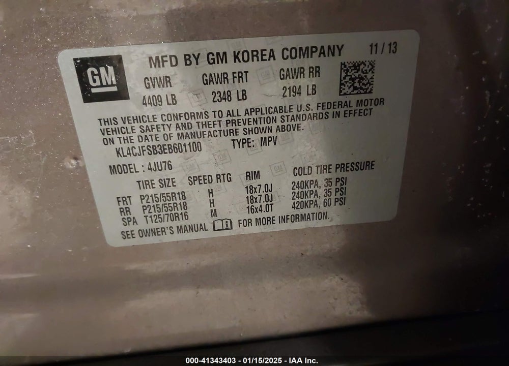 2014 BUICK ENCORE CONVENIENCE VIN: KL4CJFSB3EB601100