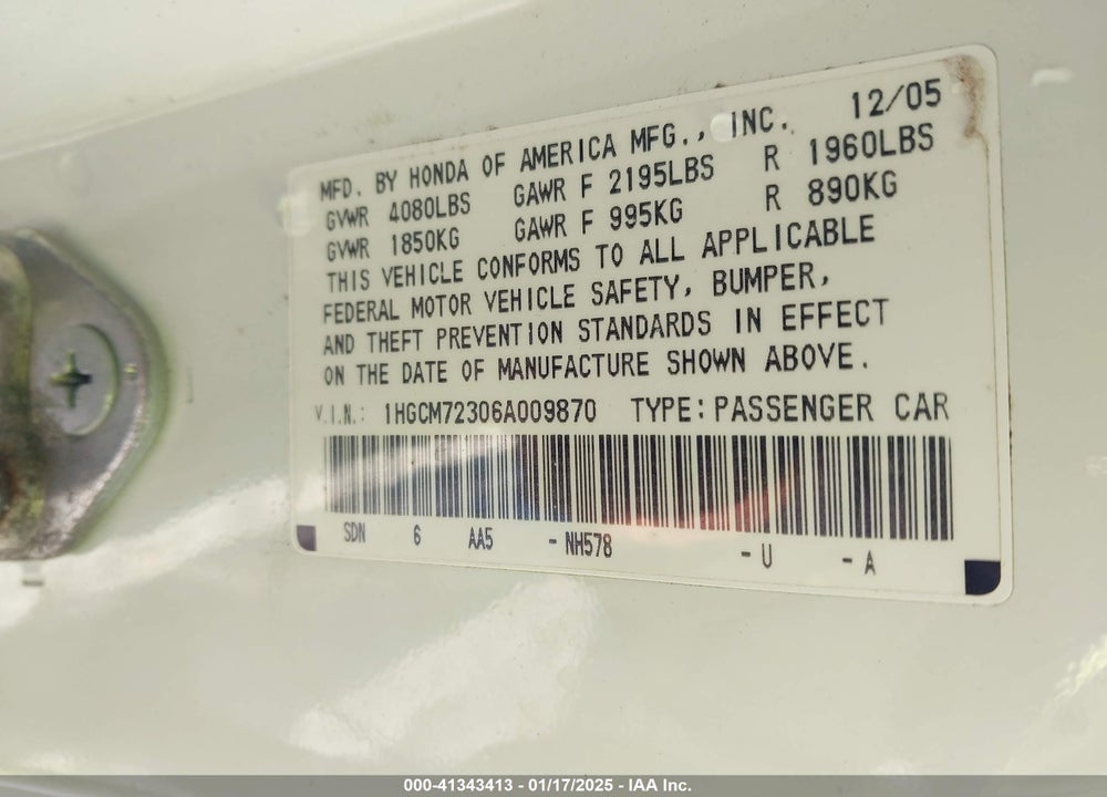 2006 HONDA ACCORD 2.4 LX VIN: 1HGCM72306A009870