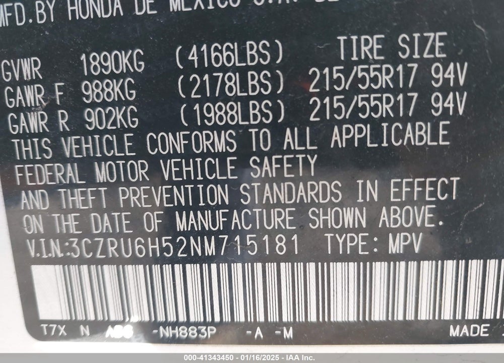 2022 HONDA HR-V AWD EX VIN: 3CZRU6H52NM715181