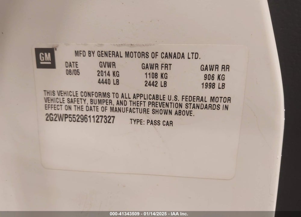 2006 PONTIAC GRAND PRIX VIN: 2G2WP552961127327