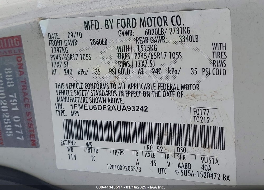 2010 FORD EXPLORER XLT VIN: 1FMEU6DE2AUA93242