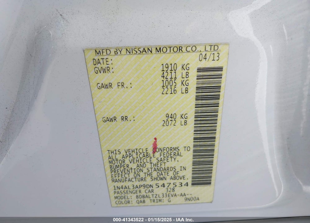 2013 NISSAN ALTIMA 2.5 SV VIN: 1N4AL3AP9DN547534