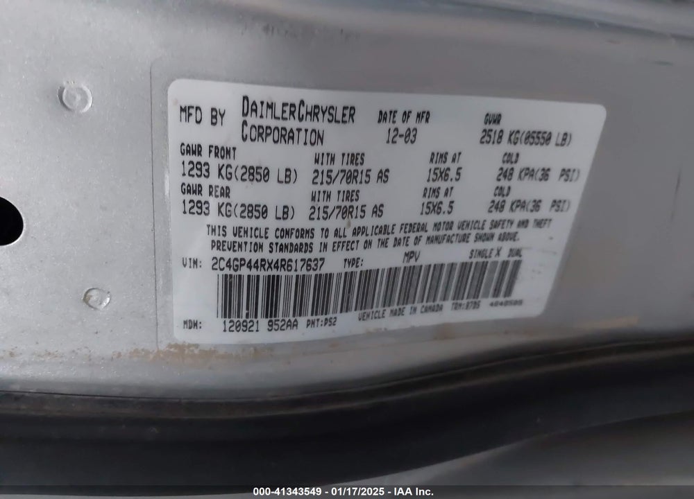 2004 CHRYSLER TOWN & COUNTRY LX VIN: 2C4GP44RX4R617637