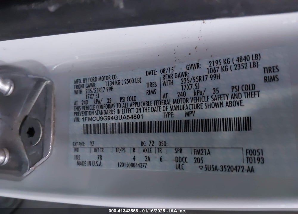 2016 FORD ESCAPE SE VIN: 1FMCU9G94GUA54801