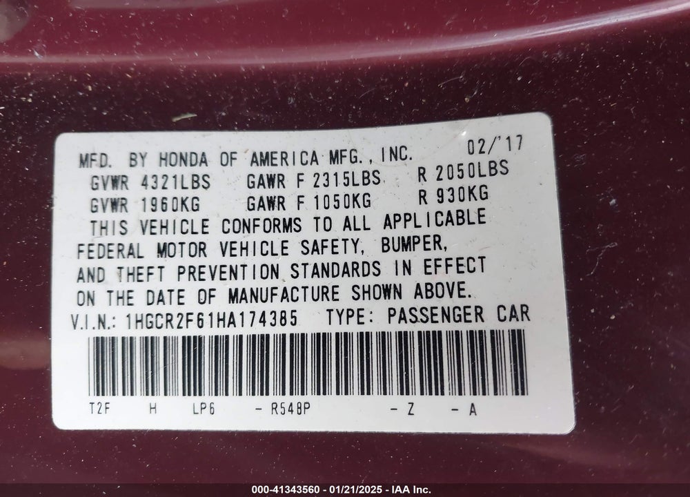 2017 HONDA ACCORD VIN: 1HGCR2F61HA174385