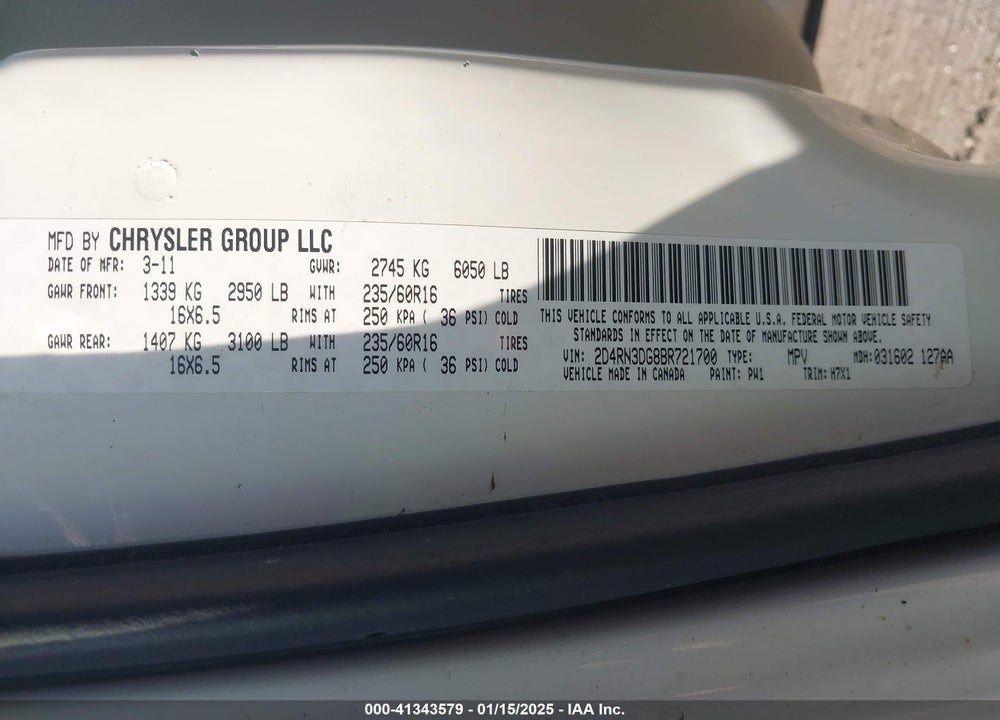 2011 DODGE GRAND CARAVAN VIN: 2D4RN3DG8BR721700