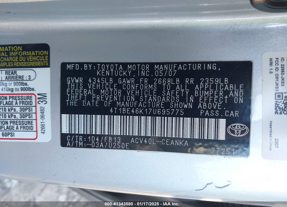2007 TOYOTA CAMRY CE VIN: 4T1BE46K17U695775